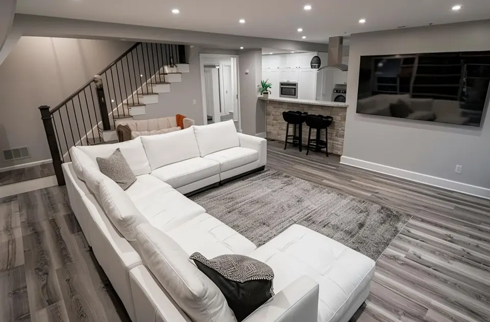 Luxury basement remodel with sectional sofa, bar area, and entertainment setup