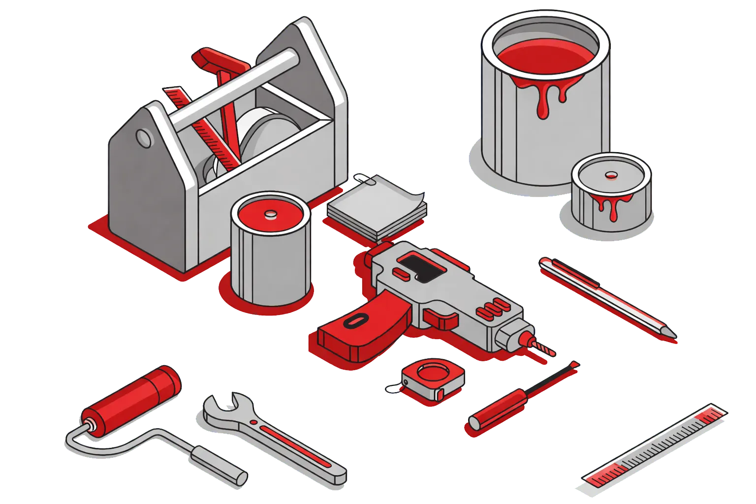 Isometric construction tools illustration with gray toolbox, drill, paint cans, roller, wrench, ruler, and red accents on a clean white background
