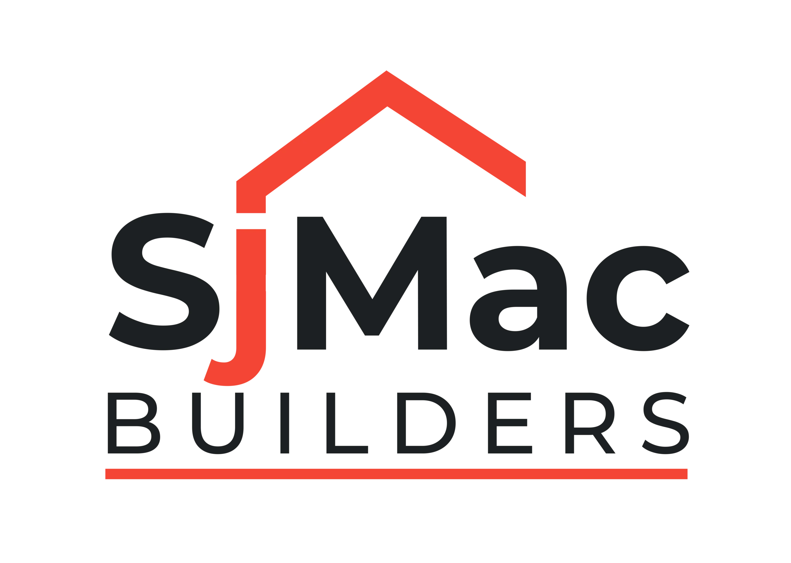 SJMac Builders logo with red roof design and modern black typography