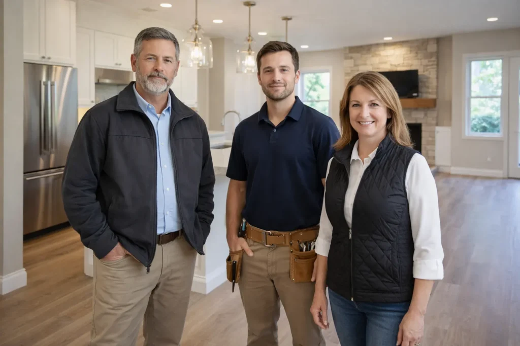 Home renovation team standing in newly remodeled kitchen and living space