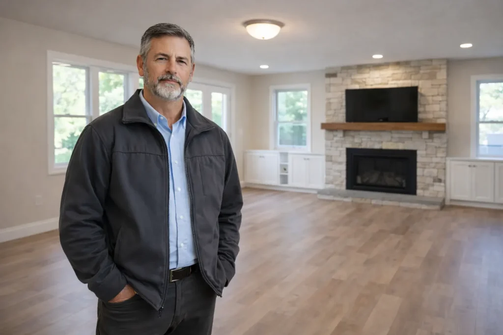 Home builder standing in newly renovated living room with fireplace and modern finishes