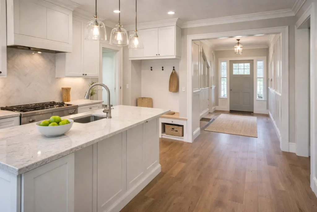 Open concept kitchen renovation with white cabinets, island, and hardwood flooring