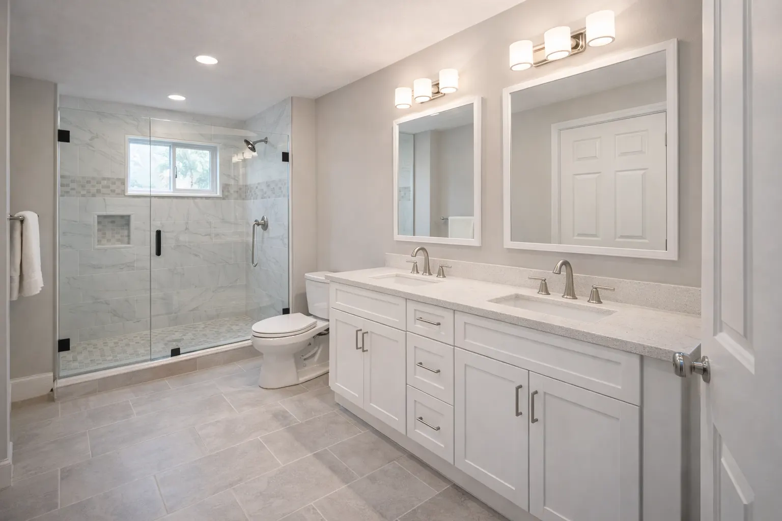 Modern bathroom remodel with double vanity and glass walk-in shower