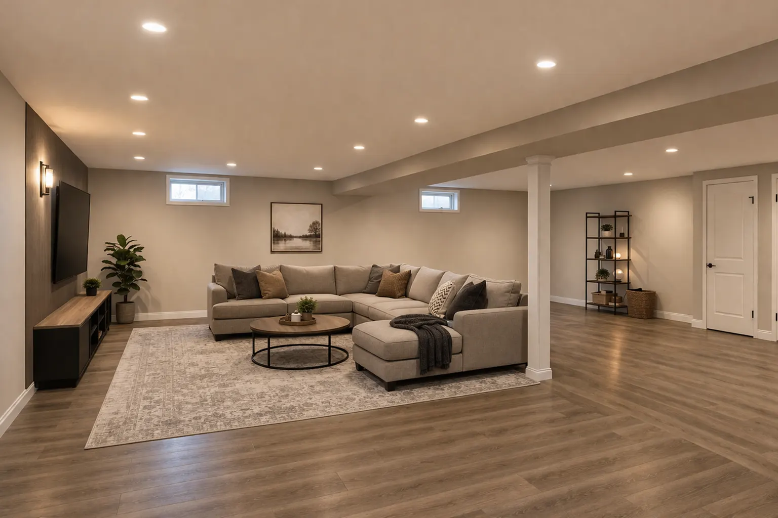 Finished basement living space with sectional sofa and recessed lighting