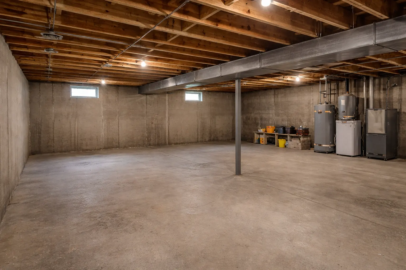 Unfinished basement with exposed beams, concrete floors, and utilities