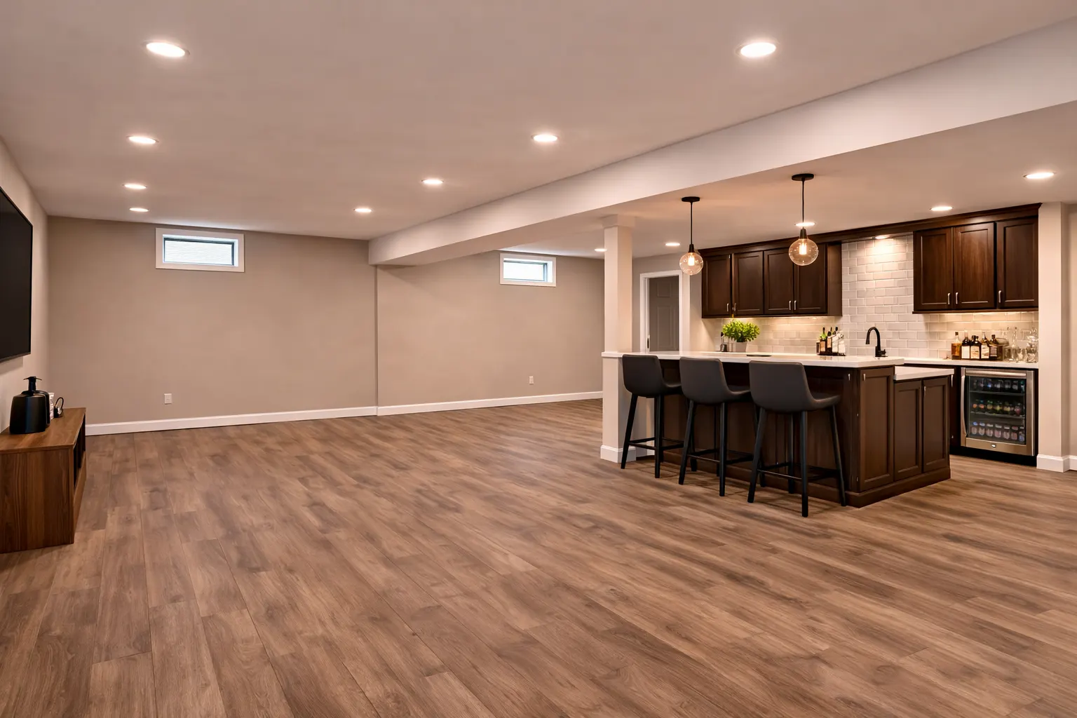 Finished basement with open layout and custom bar area