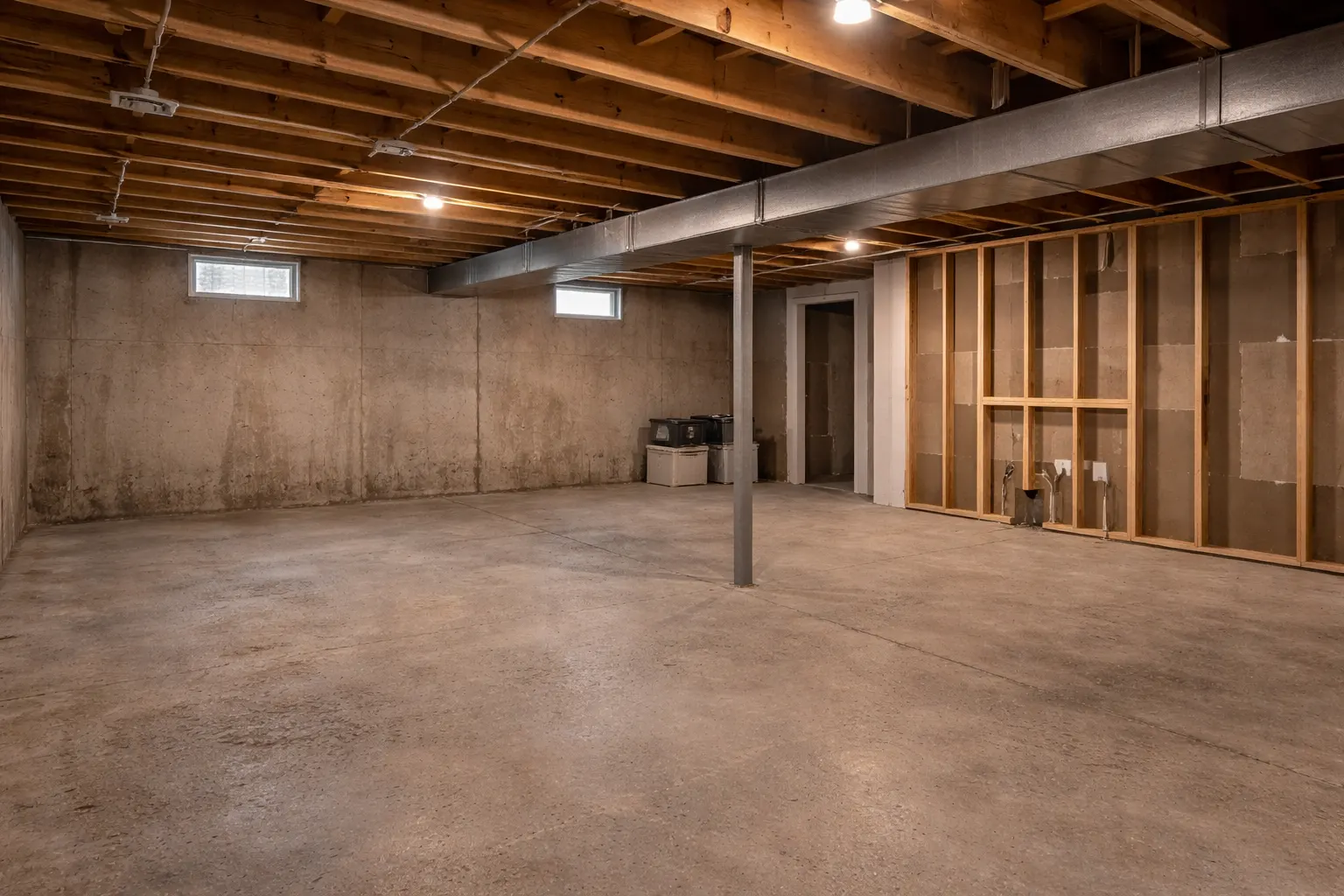 Unfinished basement with exposed framing and partial wall construction