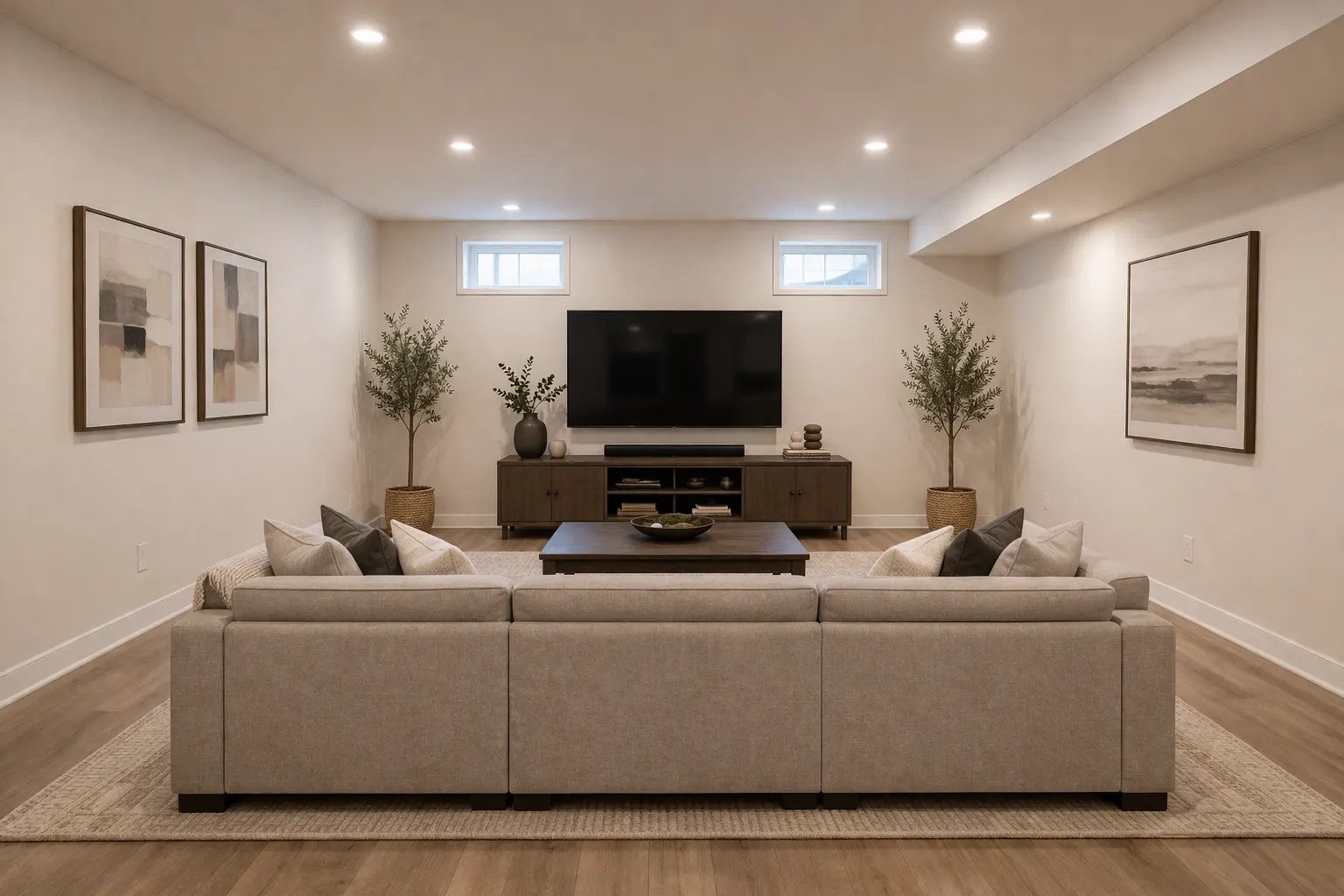 Bright finished basement living room with recessed lighting and modern sectional