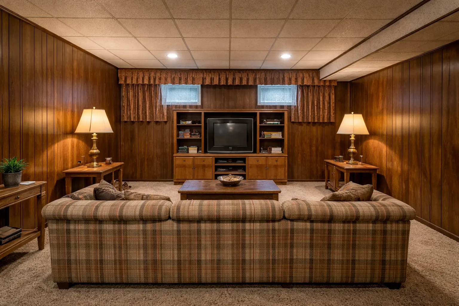 Dark wood paneled basement living room with drop ceiling and dated furniture