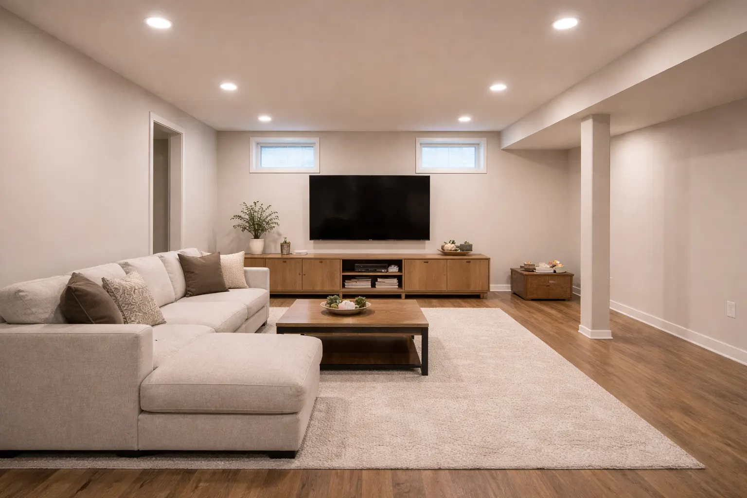 Finished basement with open layout wood flooring and modern media wall