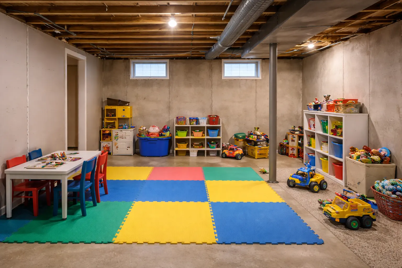 Unfinished basement playroom with exposed ceiling concrete floors and toy storage