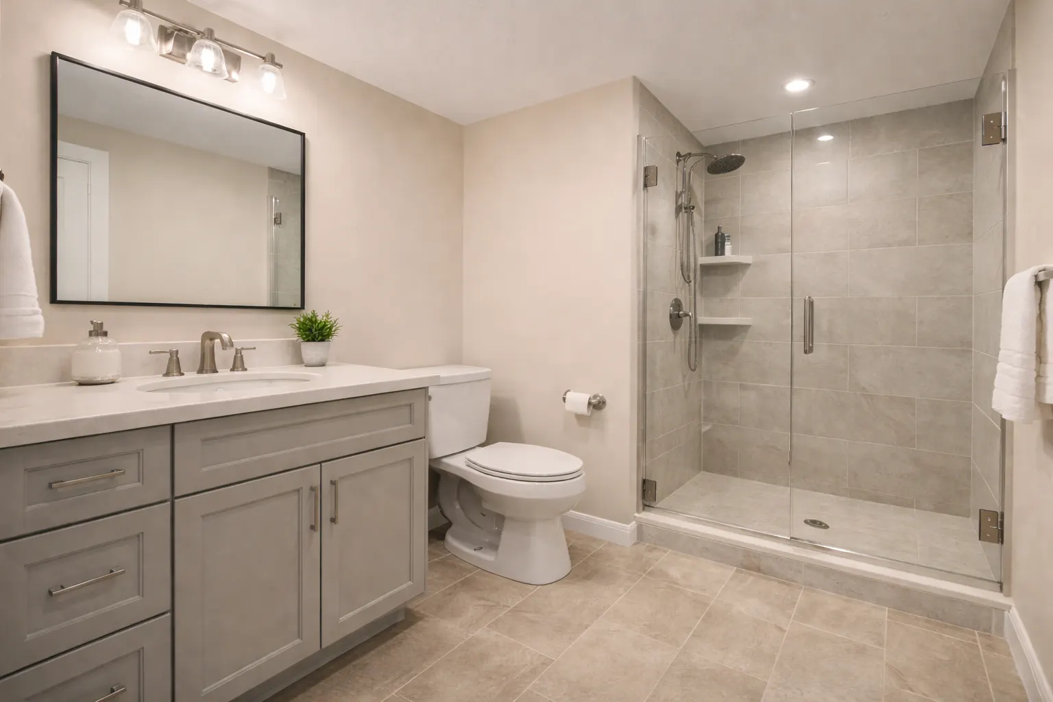 Modern basement bathroom with gray vanity and tiled walk-in shower