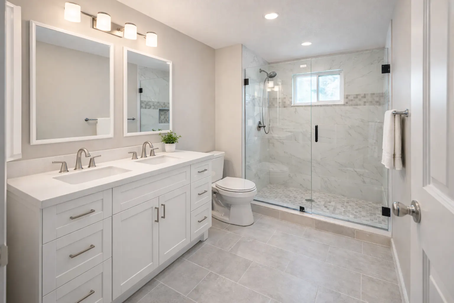 Modern bathroom with double vanity and glass walk-in shower