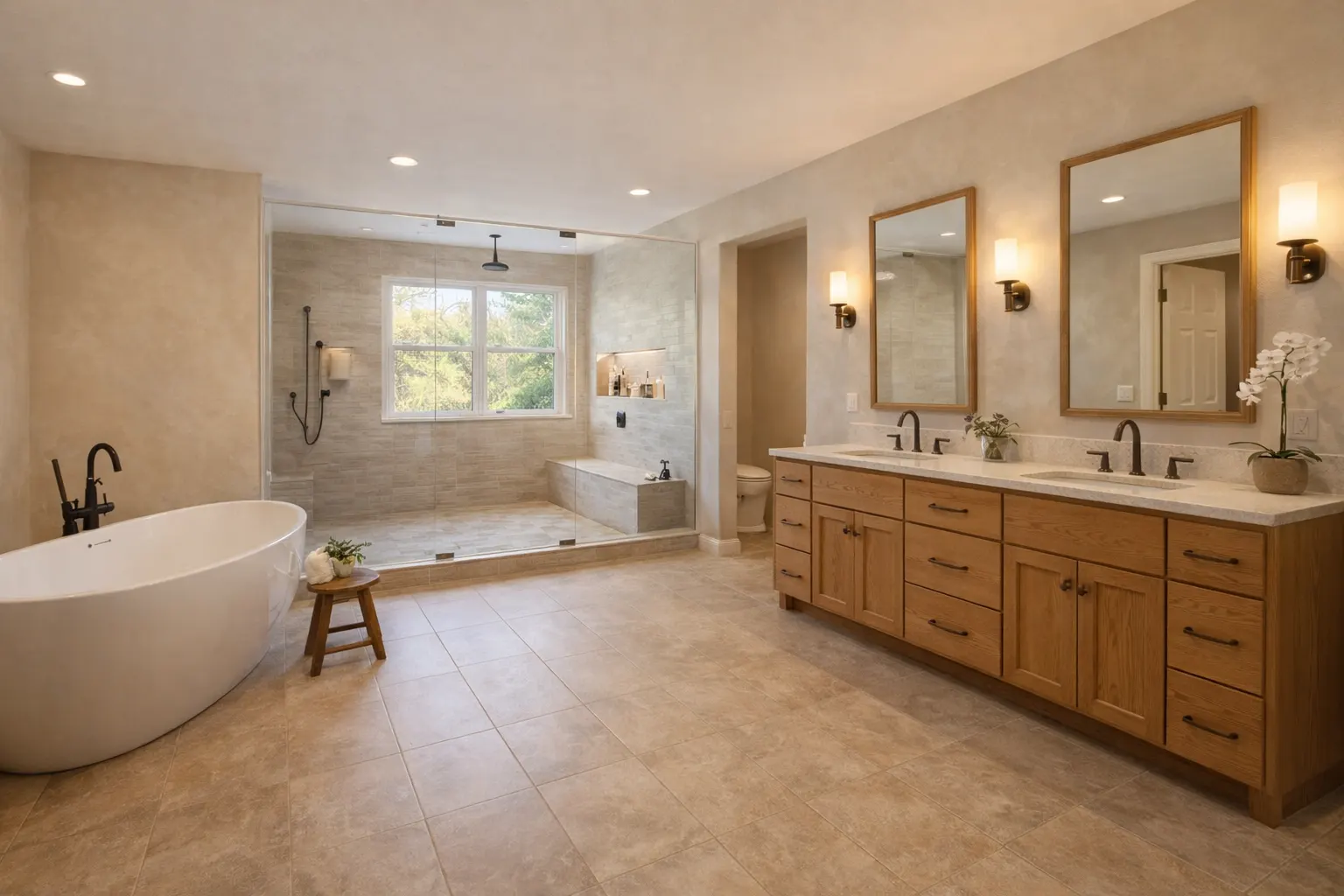Modern luxury bathroom with freestanding tub and walk-in shower