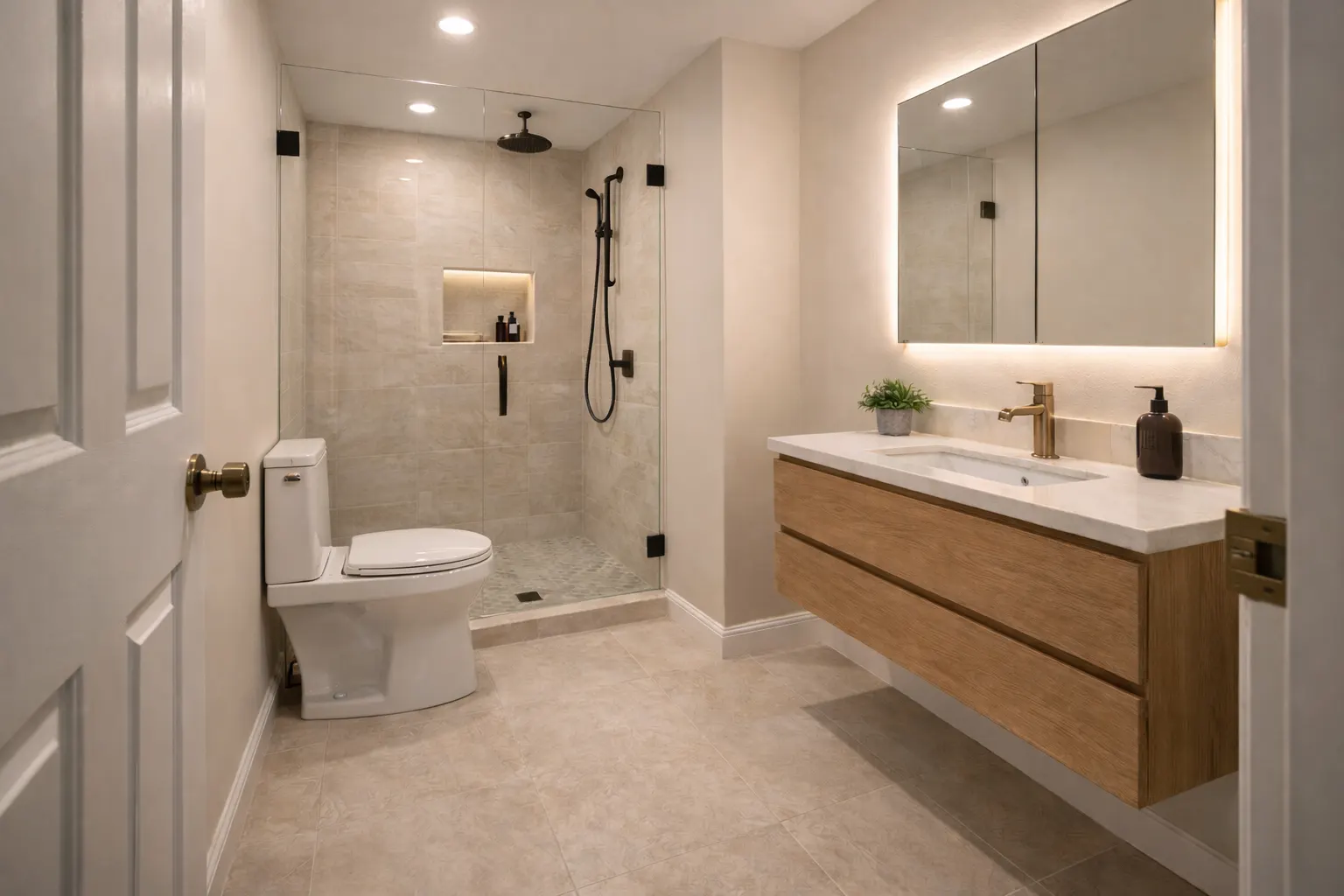 Modern small bathroom with walk-in shower and floating vanity