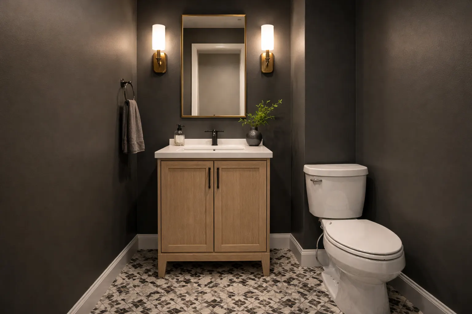 Modern half bathroom with wood vanity and dark walls