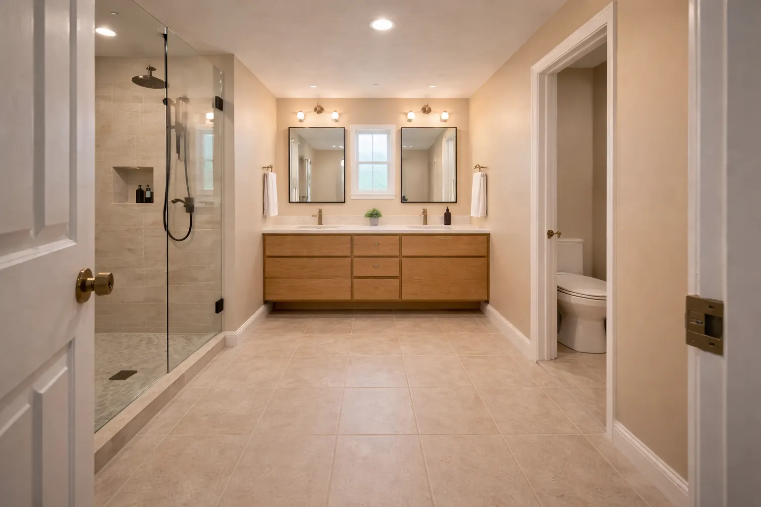 Renovated bathroom with double vanity and glass walk-in shower