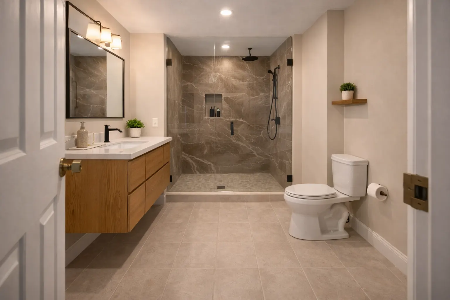 Modern bathroom with walk-in shower and floating vanity