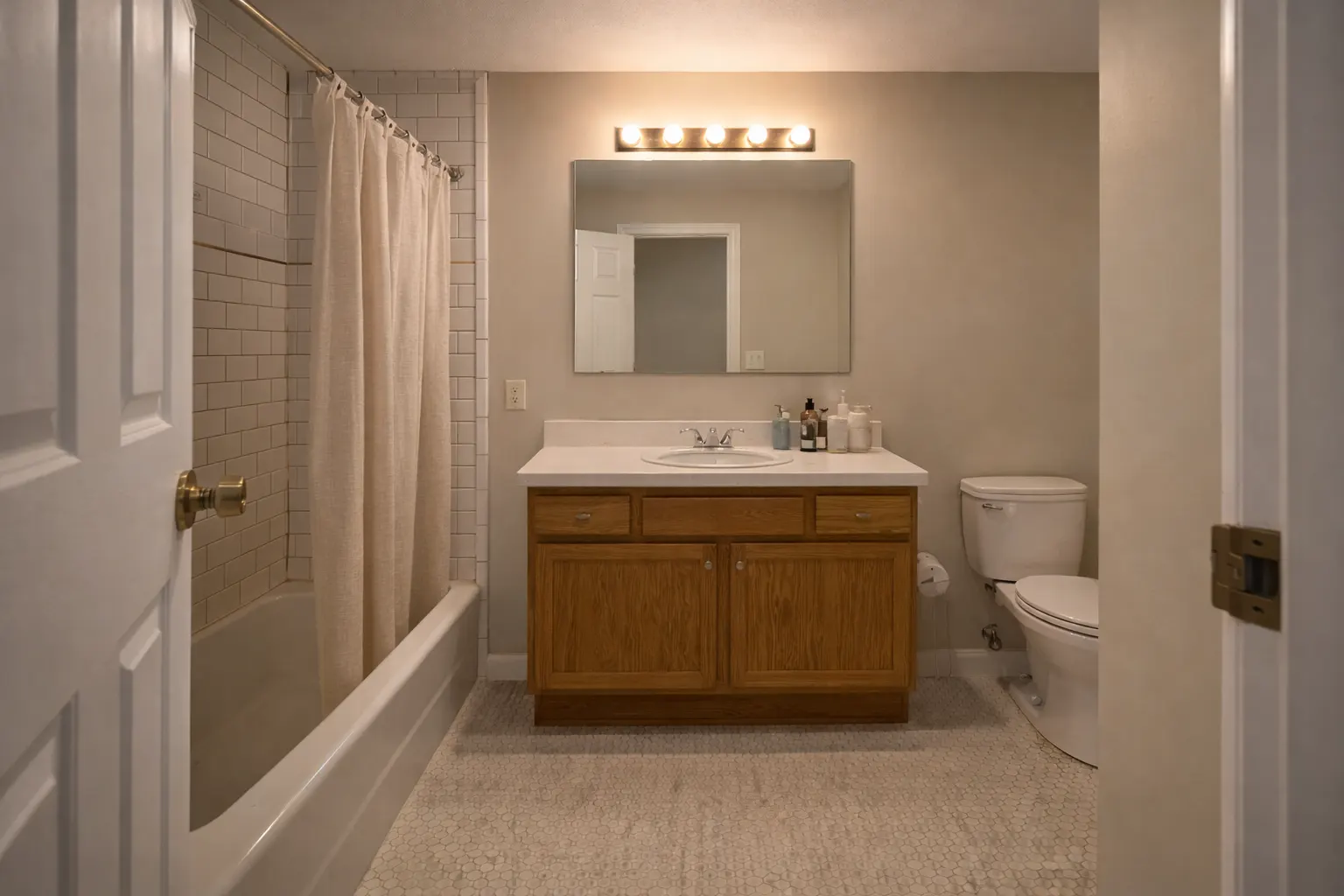 Standard bathroom with tub shower and wood vanity