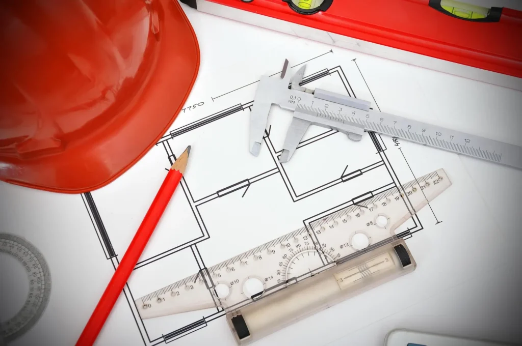 Home renovation planning tools with blueprints, measuring tools, and construction helmet