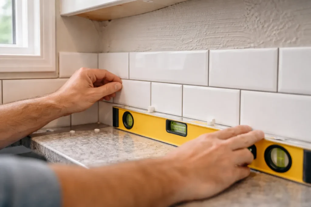 Tile installation with level showing precise craftsmanship in home renovation