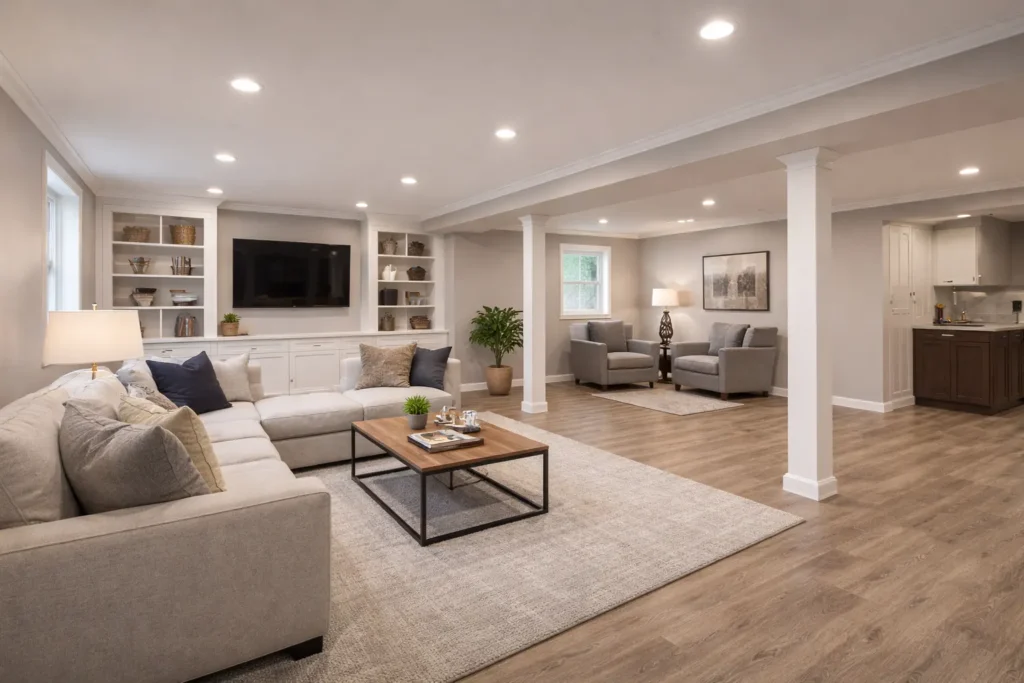 Finished basement home addition with open living and seating area