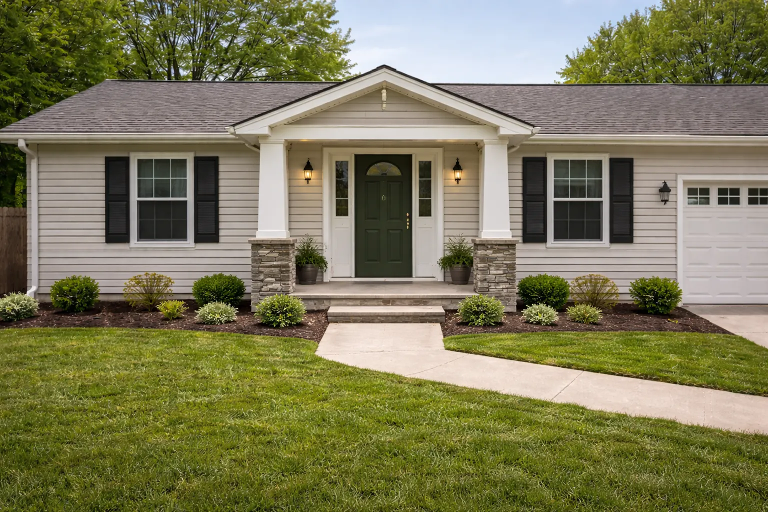 Ranch home with new covered front porch and enhanced curb appeal