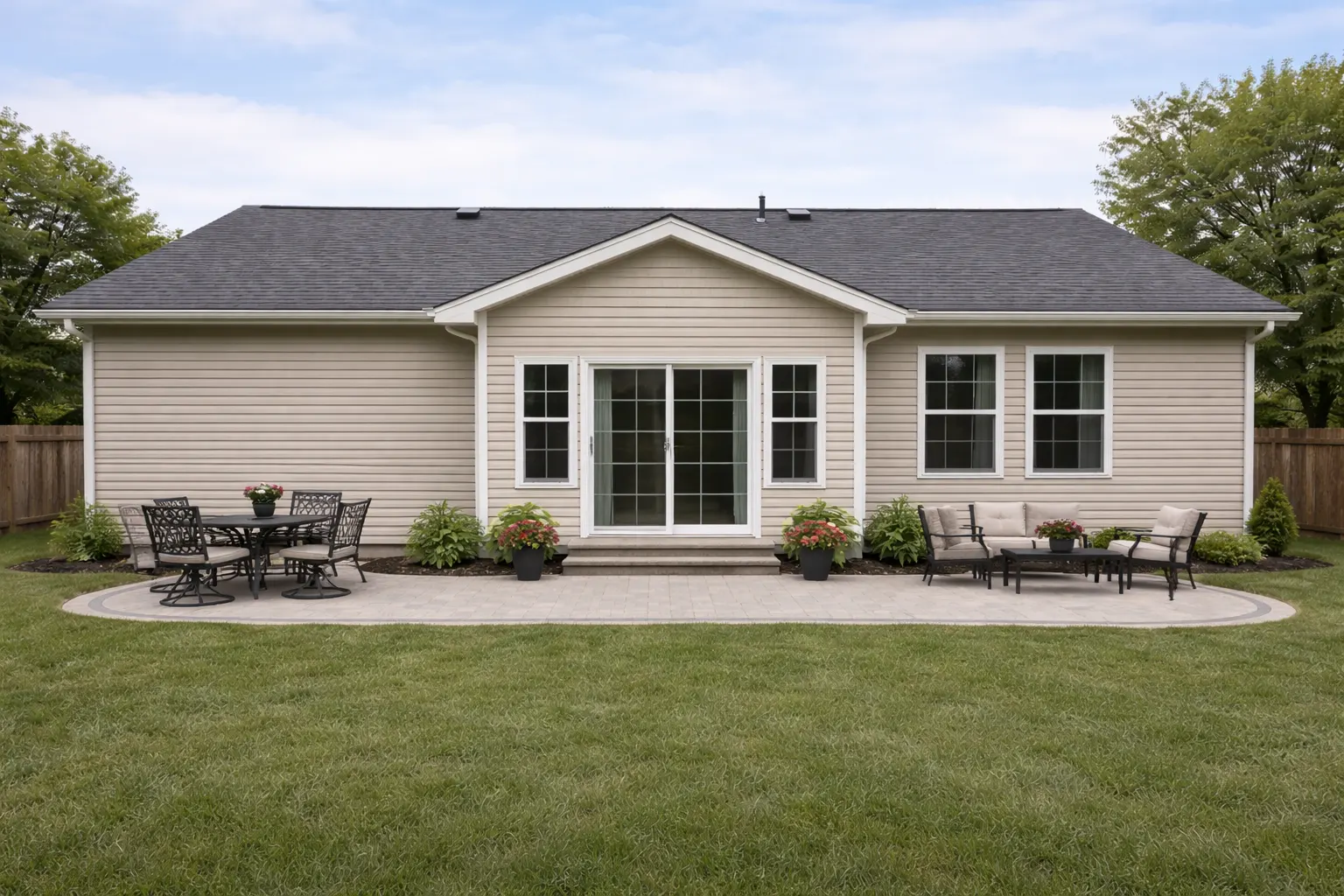 Backyard with covered bump-out addition and expanded patio seating area
