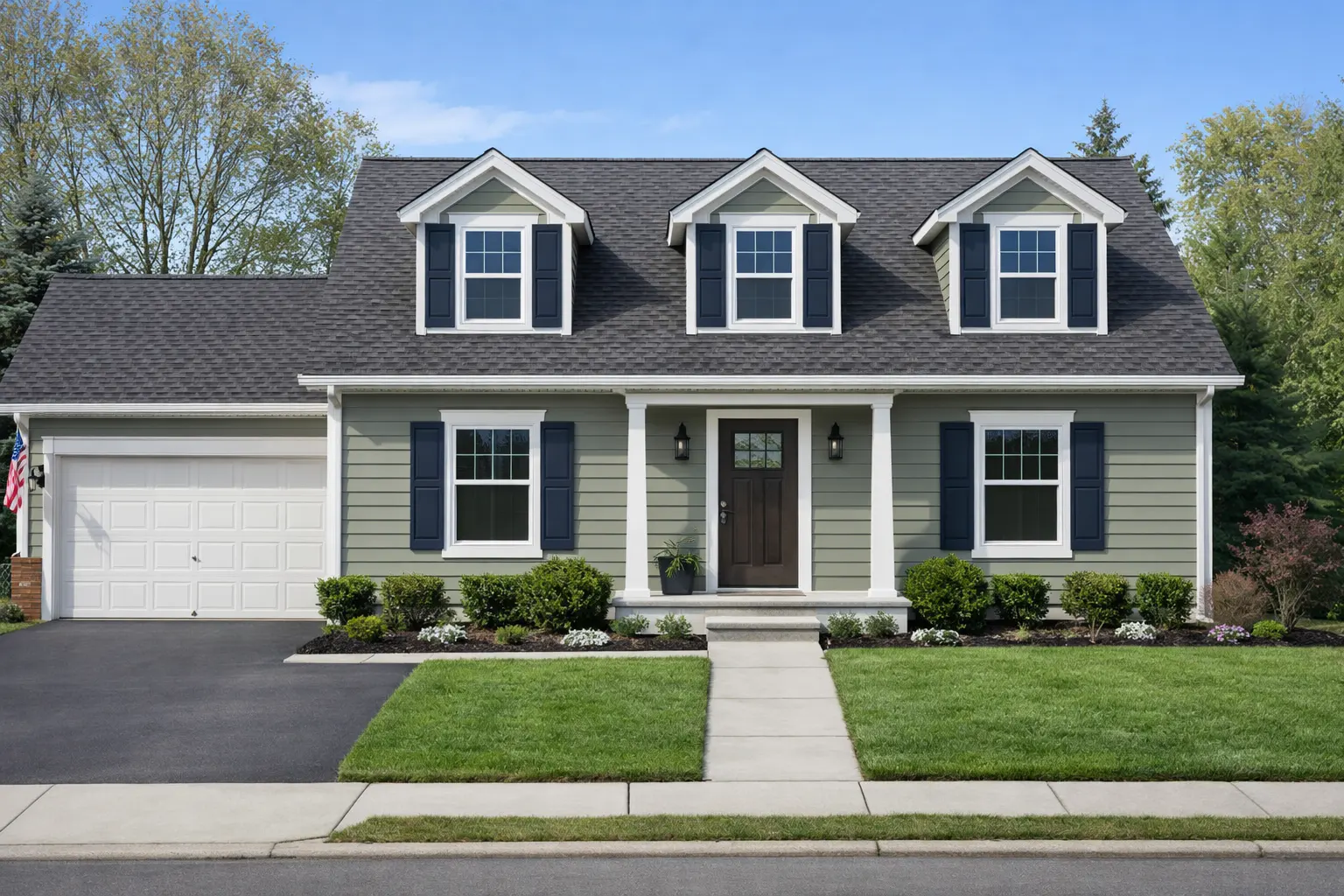 Renovated home exterior with new siding, fresh paint, and improved landscaping