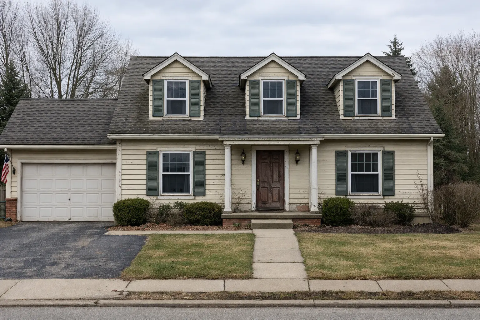Aging home exterior with worn siding, faded paint, and overgrown landscaping