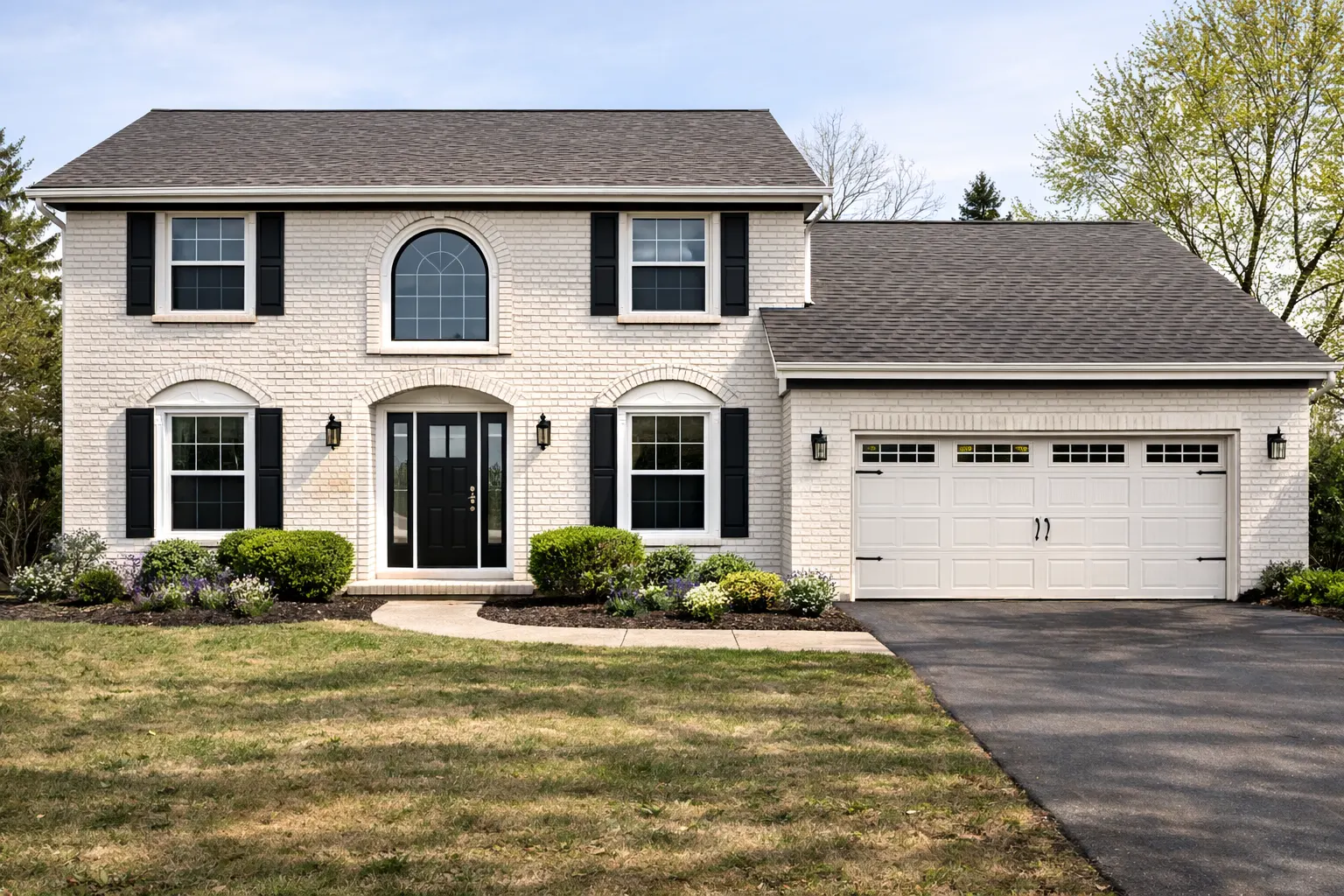 Updated two story home with painted brick and refreshed landscaping