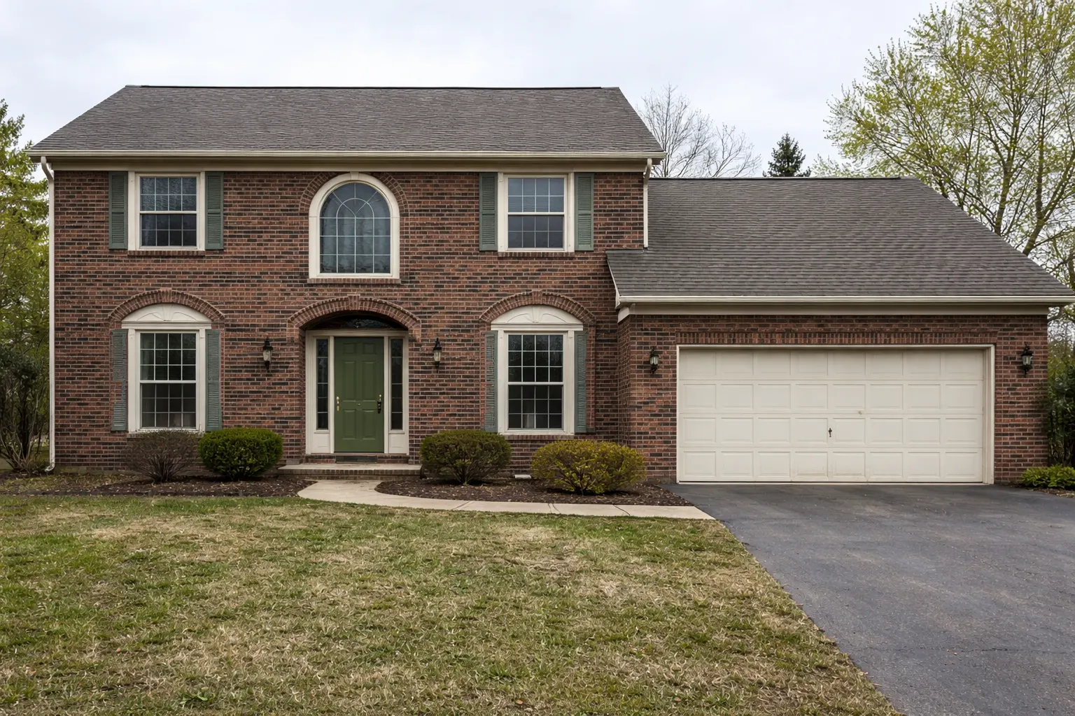 Two story brick home exterior before renovation with dated landscaping