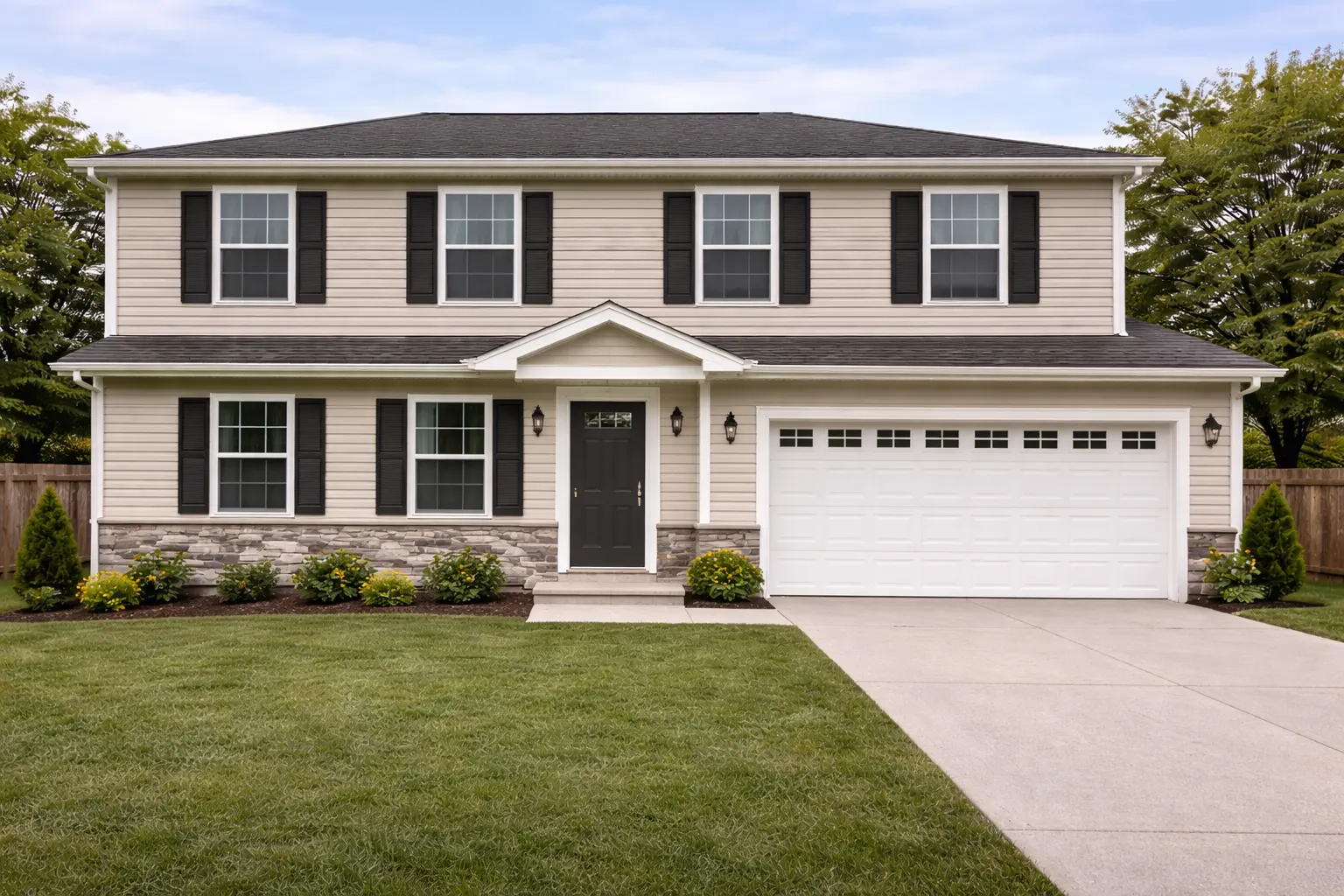 Two-story home exterior with stone accents and upgraded landscaping