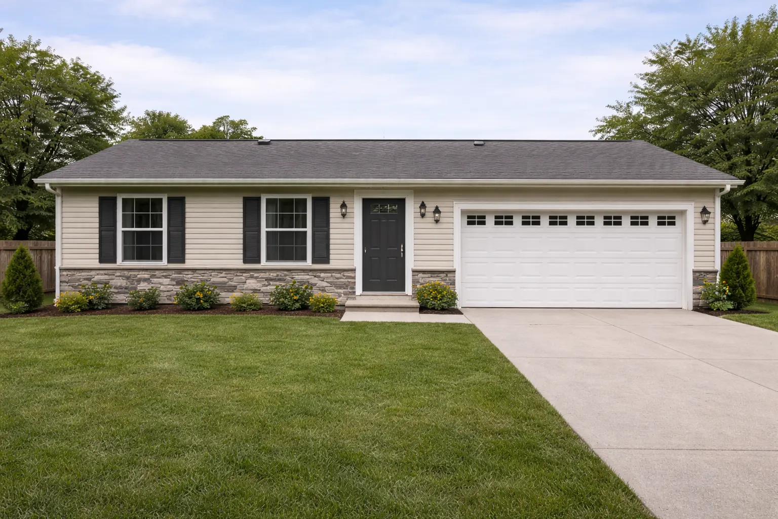 Single-story ranch home with basic siding and minimal front landscaping