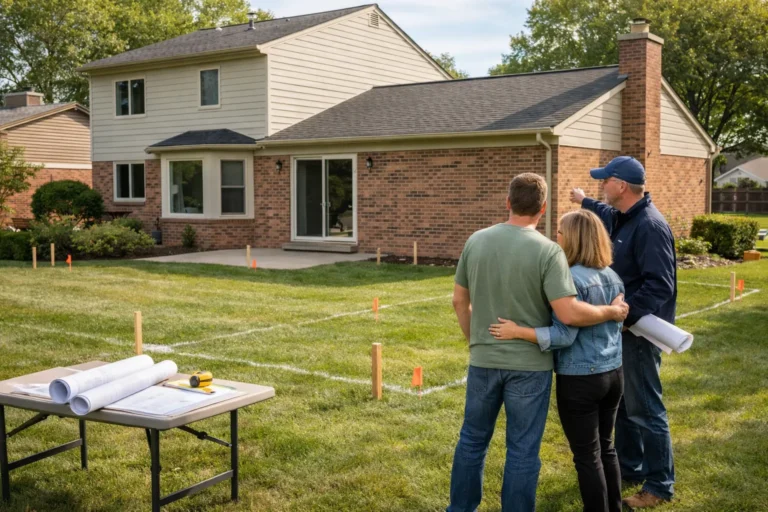 Home addition planning with contractor and homeowners reviewing layout