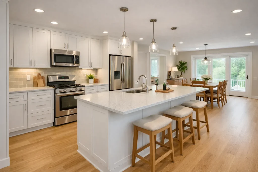 Open concept kitchen remodel with large island and stainless steel appliances