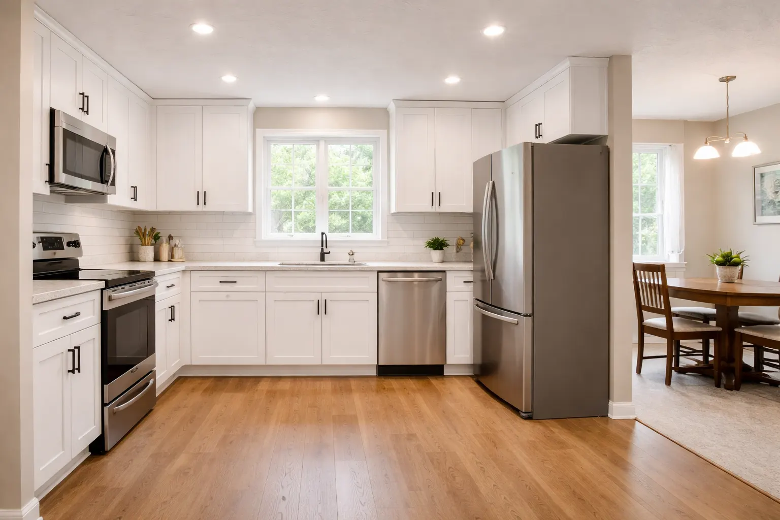 Modern white kitchen remodel with stainless steel appliances and hardwood floors