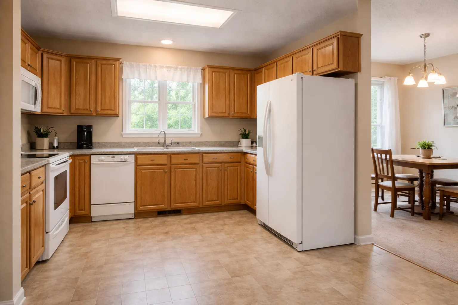 Outdated kitchen with wood cabinets, laminate flooring, and older appliances