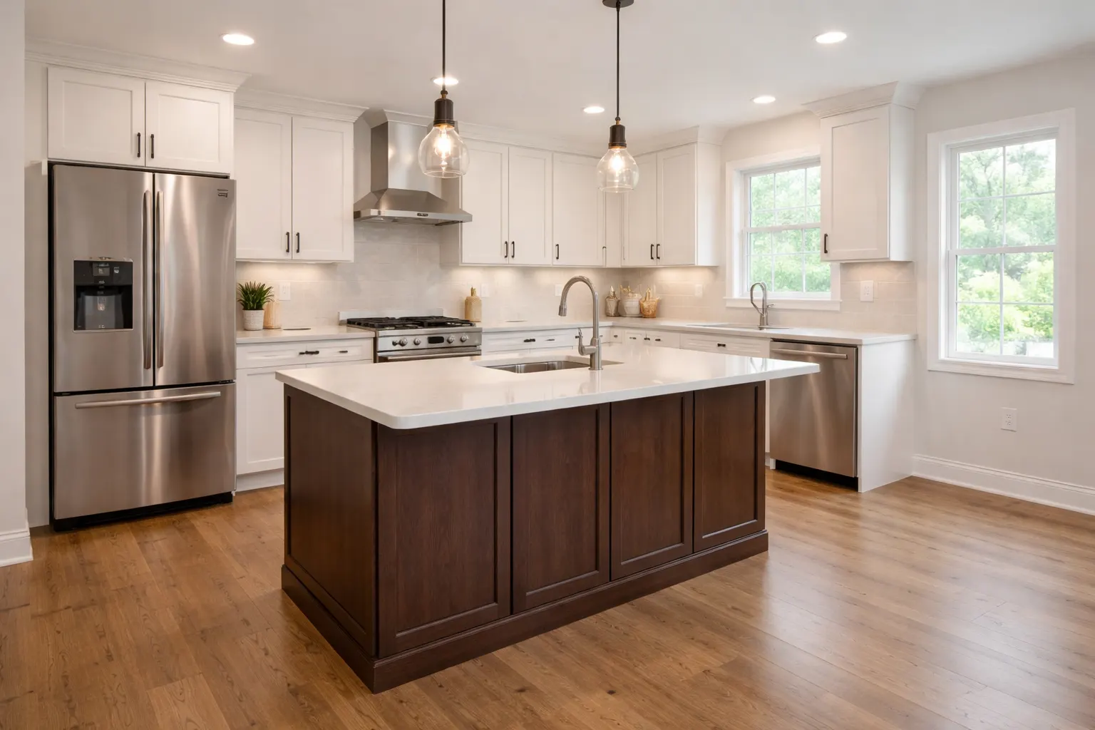 Modern kitchen remodel with white cabinets, wood flooring, and large island