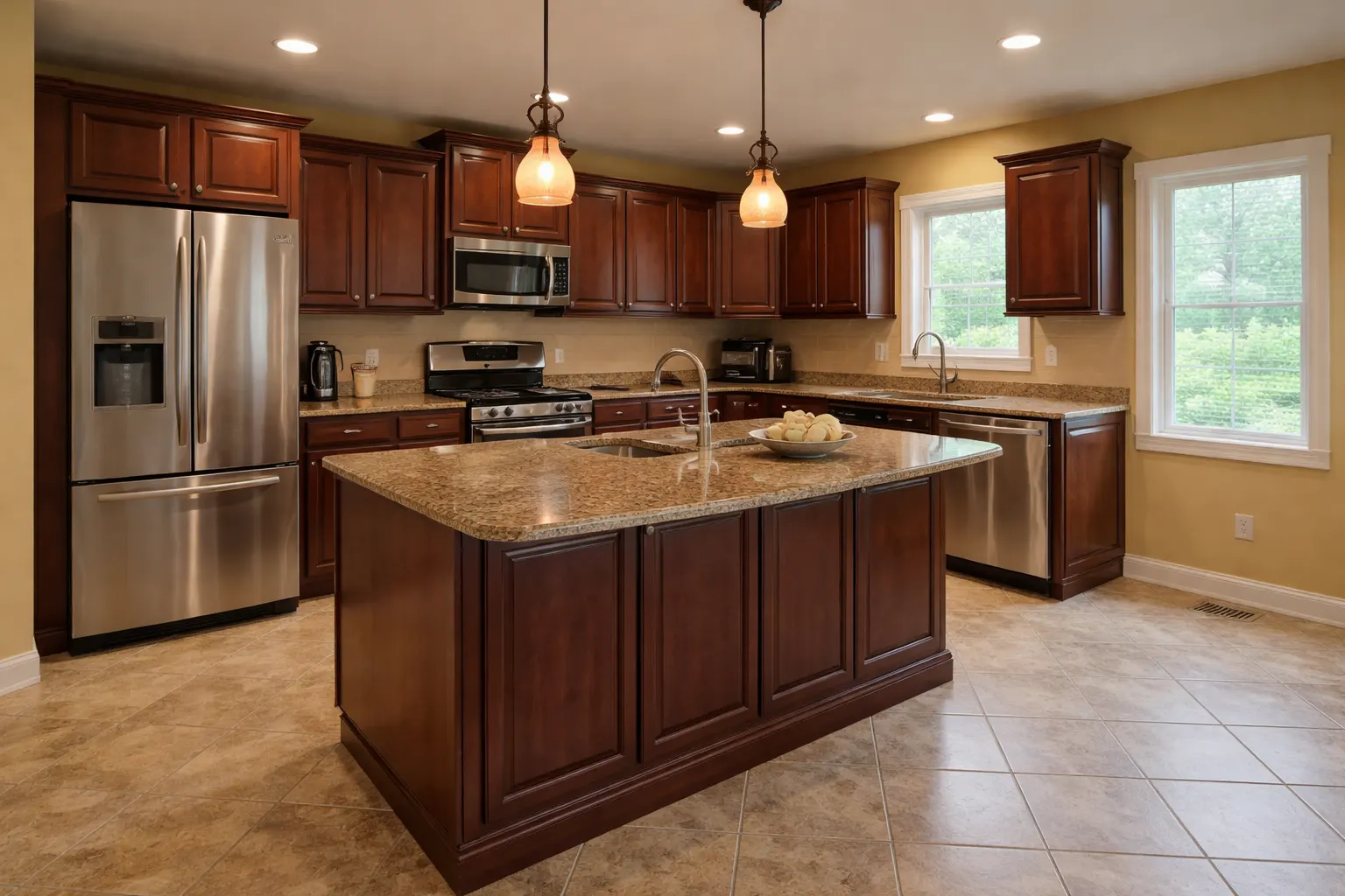 Outdated kitchen with dark wood cabinets, tile flooring, and granite countertops