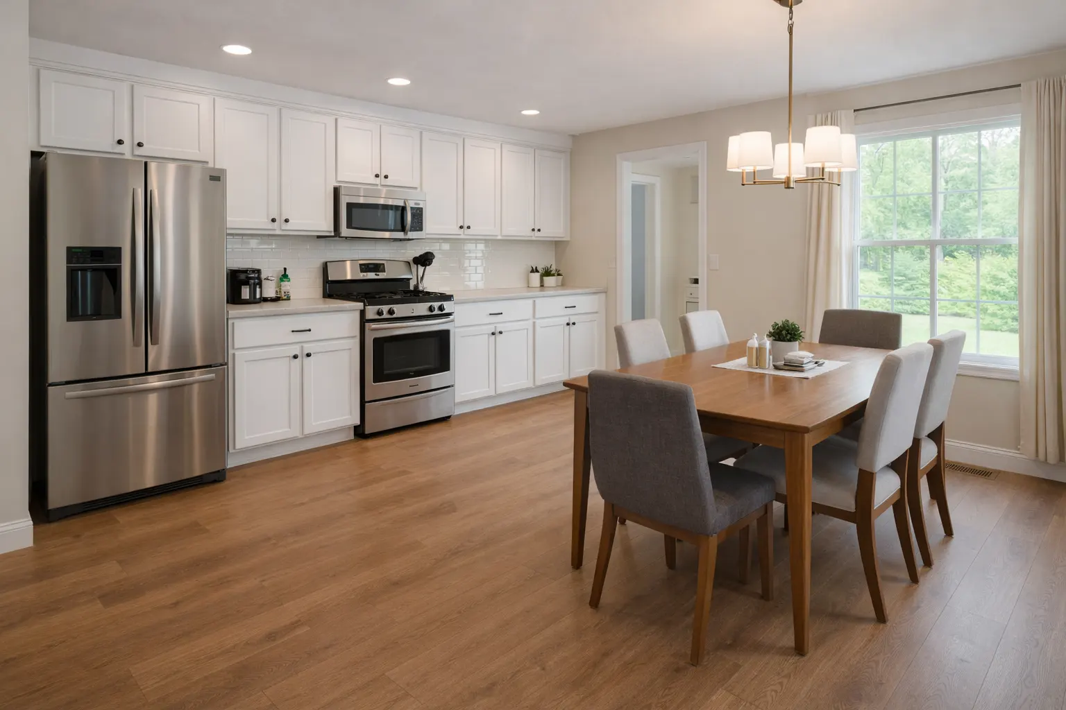 Bright kitchen remodel with white cabinets and wood flooring