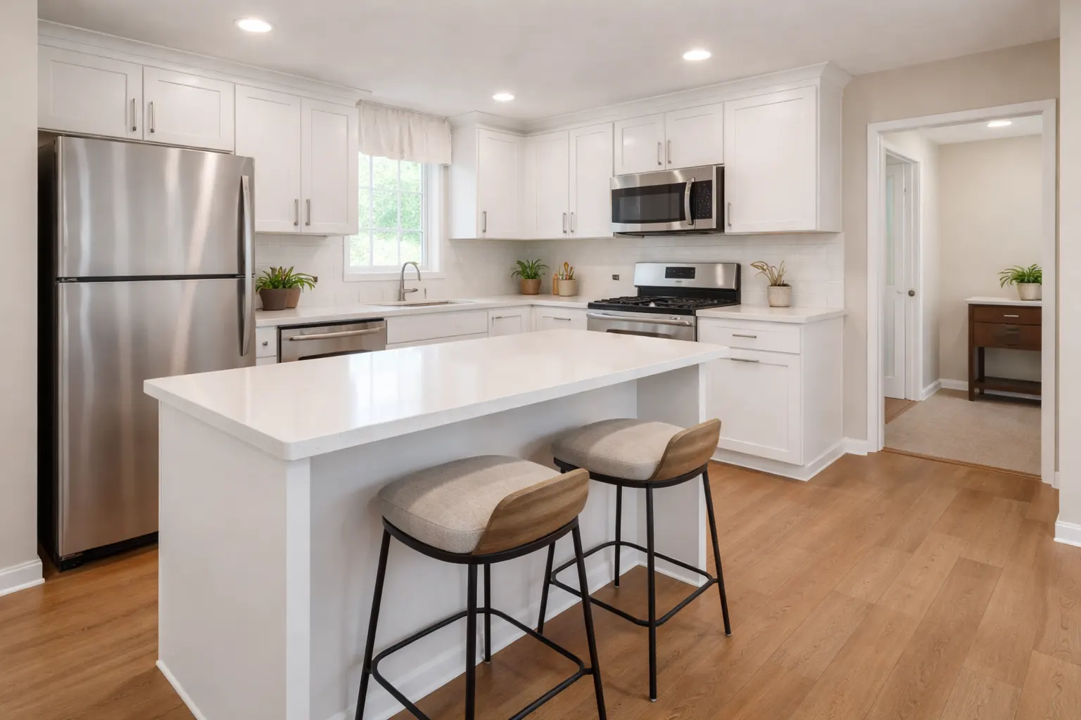 Modern white kitchen with island quartz countertops and wood flooring