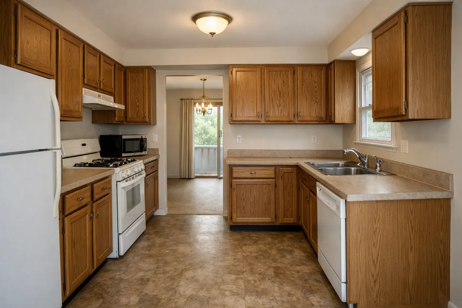 Outdated kitchen with oak cabinets and older appliances before renovation