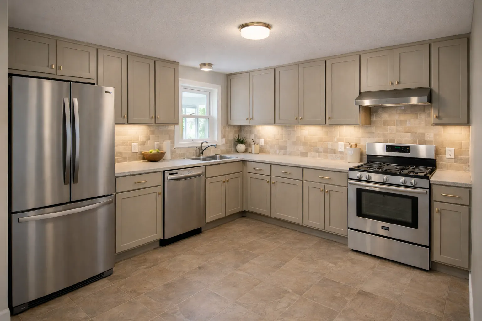 Updated kitchen with gray cabinets and stainless steel appliances