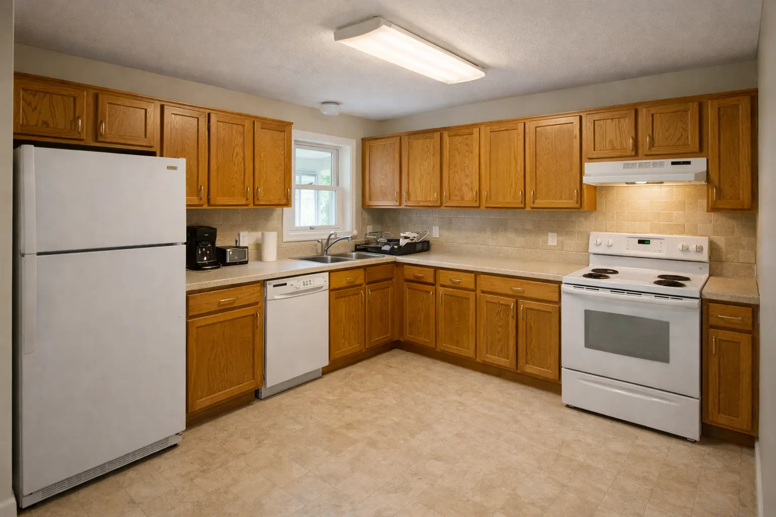 Outdated kitchen with oak cabinets and basic white appliances