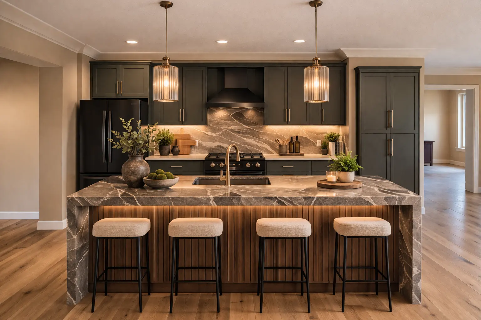 Modern luxury kitchen with dark cabinets and stone waterfall island