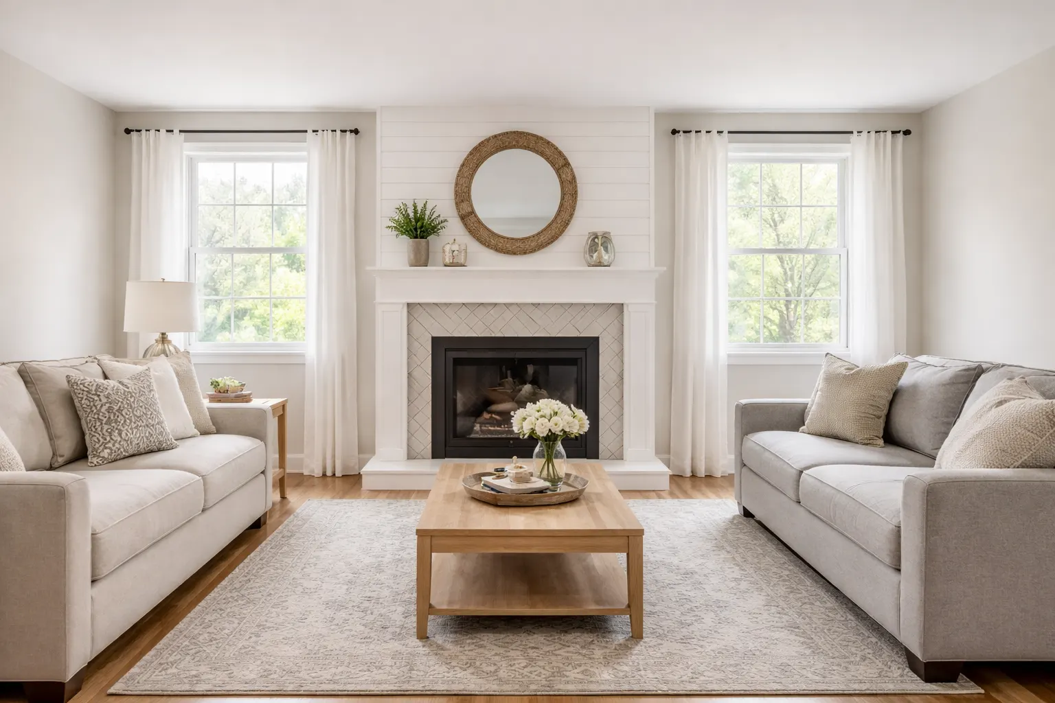Bright modern living room with white fireplace and neutral furniture