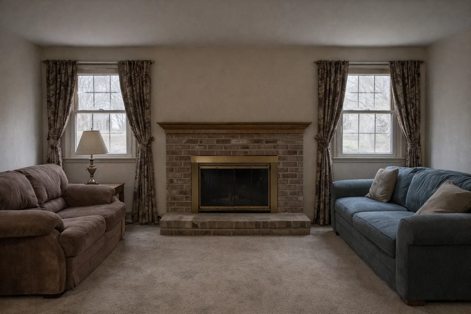 Dated living room with brick fireplace and older furniture