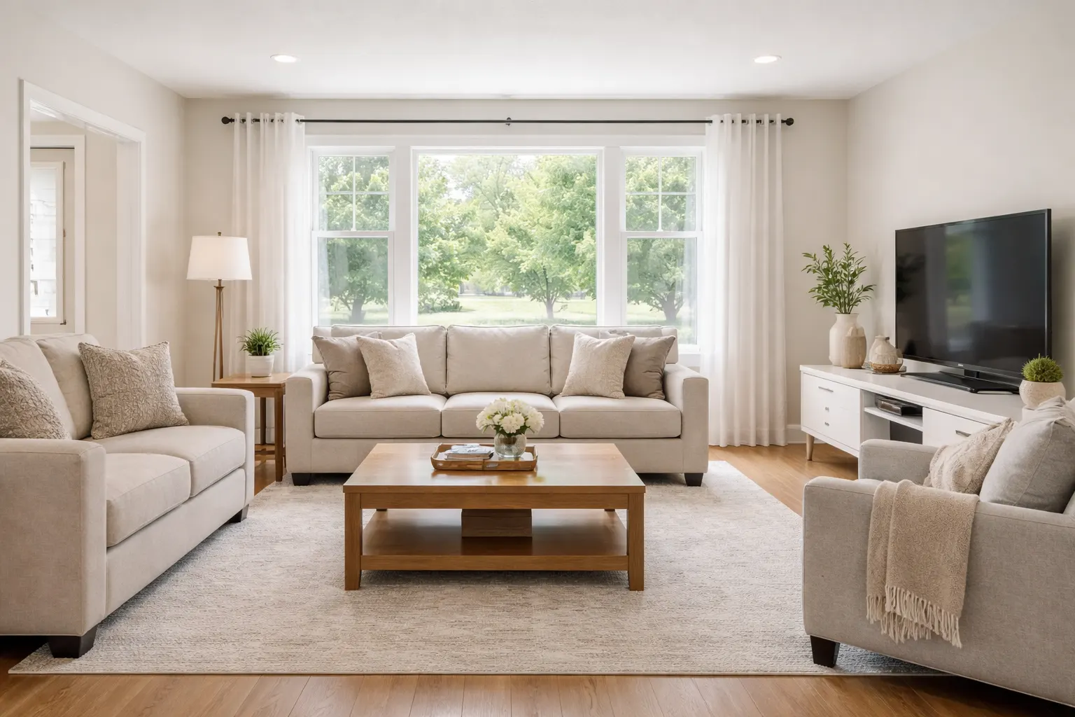 Bright modern living room with neutral tones and updated finishes