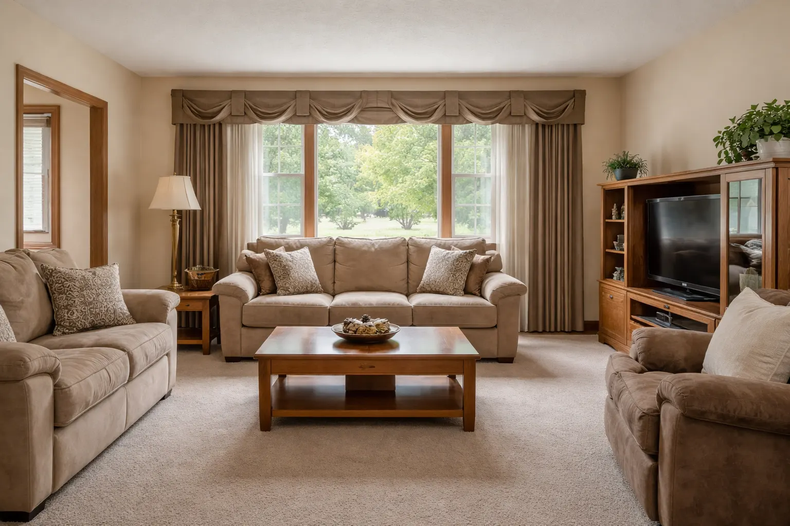 Dated living room with beige tones carpet and heavy window treatments